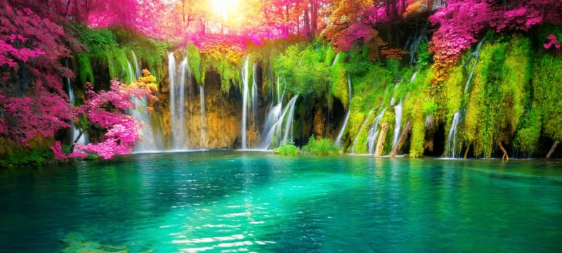 Exotic waterfall and lake 