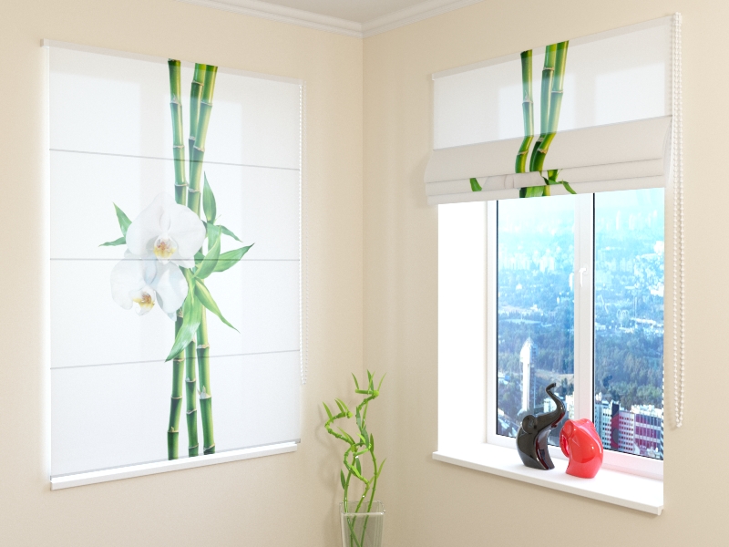 Roman Blind Bamboo and white orchid