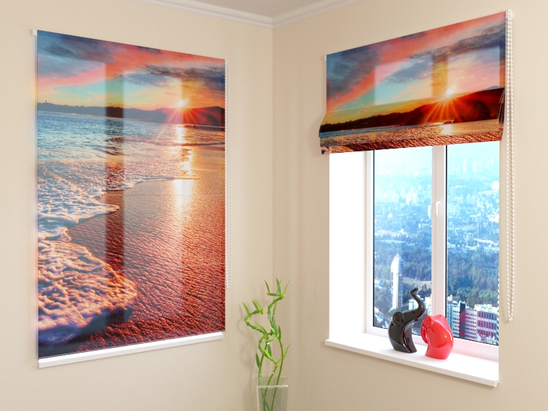 Roman Blind Sunset over Waves